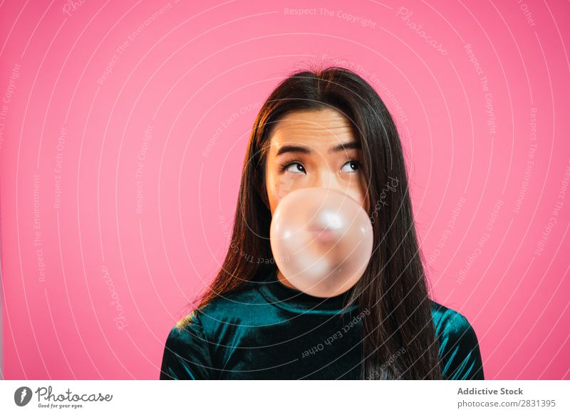 Asian woman blowing gum bubble Woman pretty Portrait photograph Youth (Young adults) Beautiful asian Gum Chew Bubble Blow Adults Posture Smiling