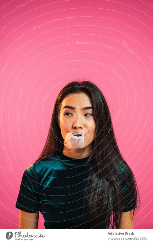 Asian woman blowing gum bubble Woman pretty Portrait photograph Youth (Young adults) Beautiful asian Gum Chew Bubble Blow Adults Posture Smiling