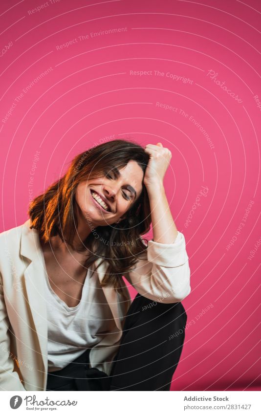 Woman on stool in studio pretty Portrait photograph Youth (Young adults) Sit Stool eyes closed Beautiful Adults Posture Smiling Beauty Photography Attractive