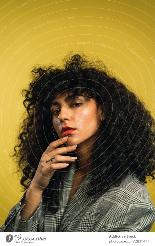 Curly woman in studio Woman pretty Portrait photograph Youth (Young adults) Hair Light Equipment Studio shot Brunette Looking into the camera Beautiful Adults