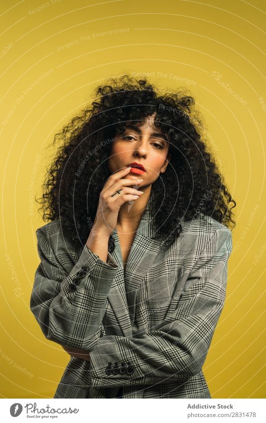 Curly woman in studio Woman pretty Portrait photograph Youth (Young adults) Hair Light Equipment Studio shot Brunette Looking into the camera Beautiful Adults