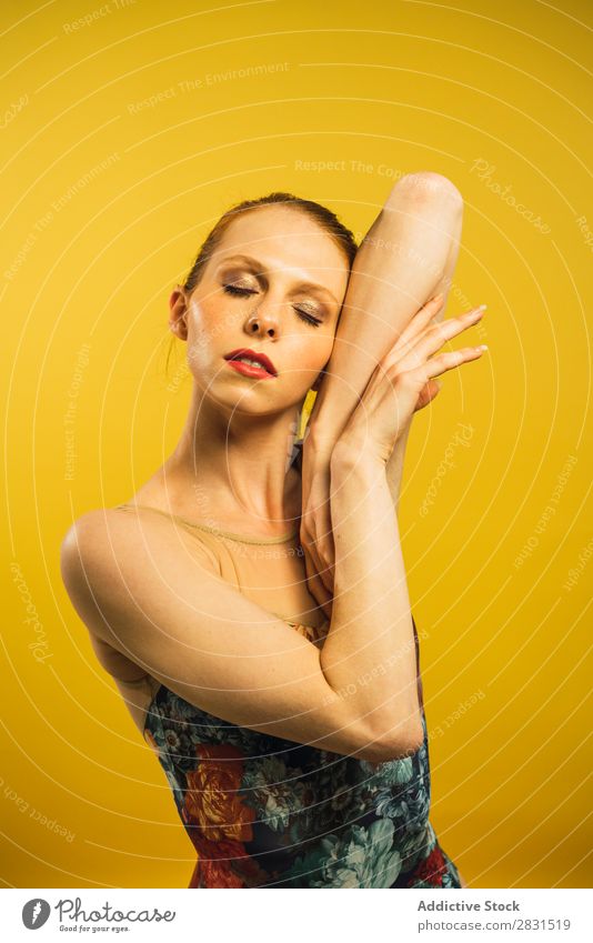 Young woman dancing in studio Woman pretty Portrait photograph Youth (Young adults) To enjoy Dance eyes closed Posture Beautiful Adults Smiling