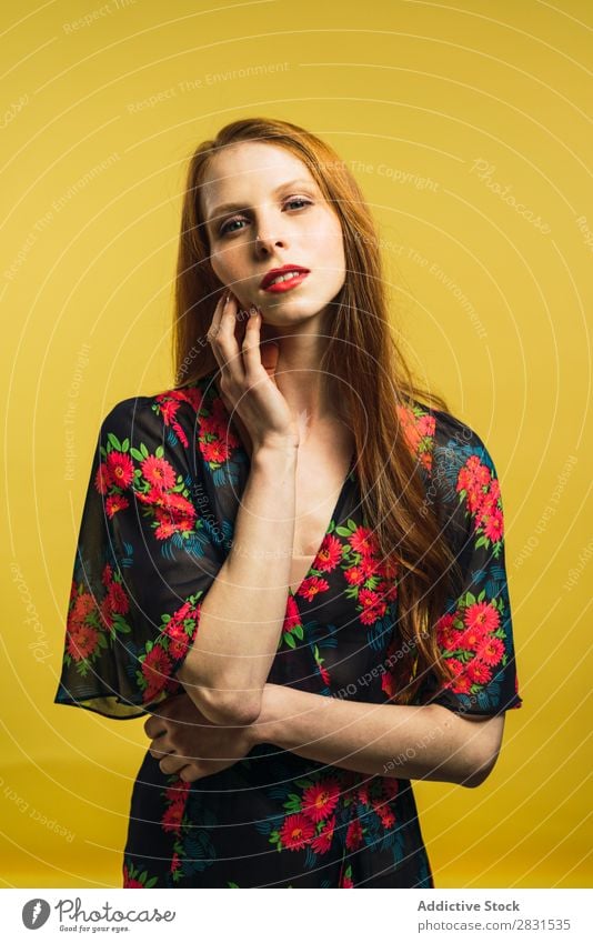 Pretty redhead woman touching face Woman pretty Portrait photograph Youth (Young adults) Beautiful Adults Looking into the camera Red-haired Dress Posture