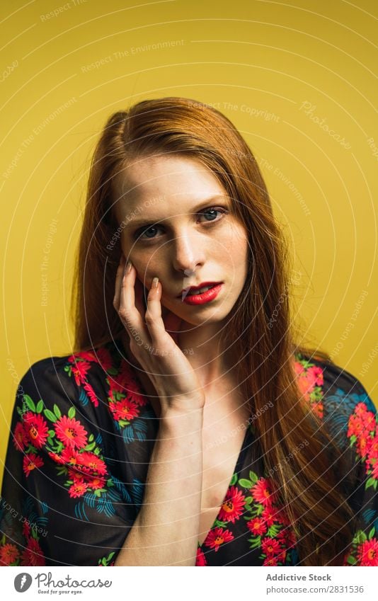 Pretty redhead woman touching face Woman pretty Portrait photograph Youth (Young adults) Beautiful Adults Looking into the camera Red-haired Dress Posture