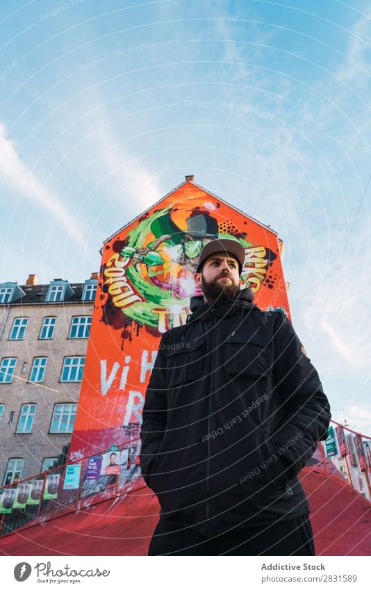 Man standing at house with graffiti handsome City Graffiti House (Residential Structure) Wall (building) Street Youth (Young adults) Town Lifestyle Easygoing