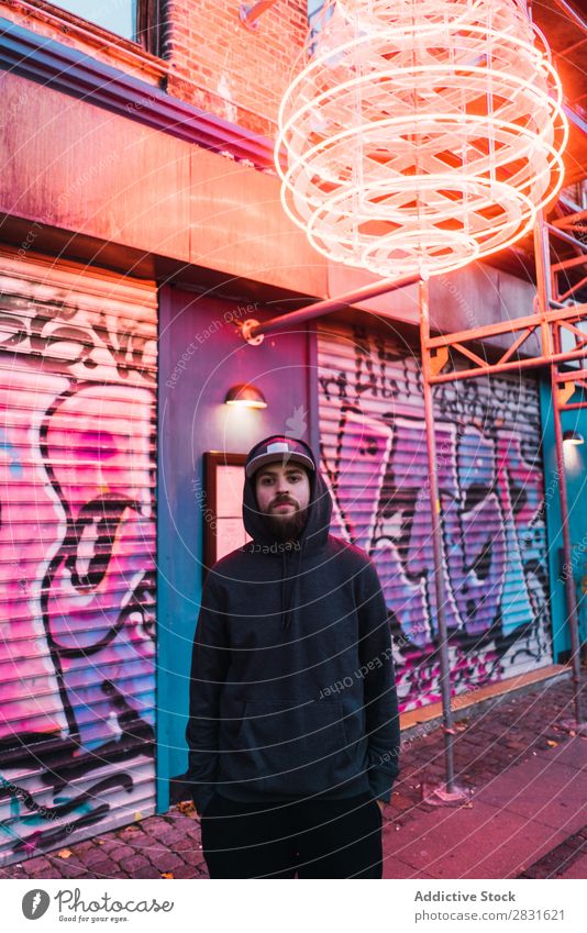 Man posing under neon circle handsome City Neon Stand Street Youth (Young adults) Town Lifestyle Easygoing Fashion Circle Style Adults Modern Human being