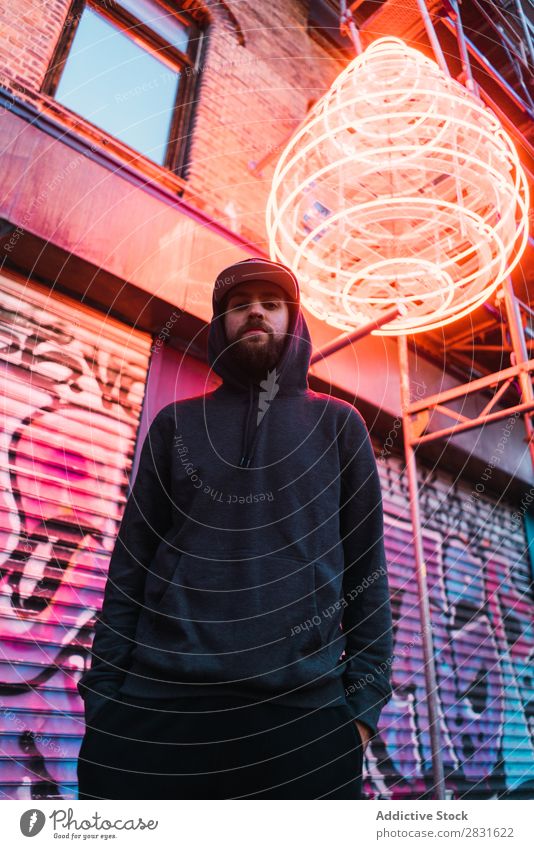 Man posing under neon circle handsome City Neon Stand Street Youth (Young adults) Town Lifestyle Easygoing Fashion Circle Style Adults Modern Human being