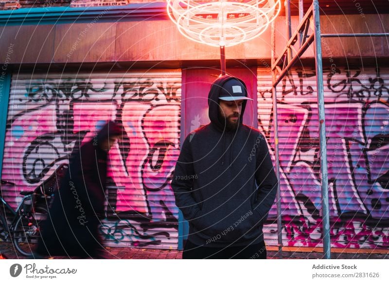 Man posing under neon circle handsome City eyes closed Neon Stand Street Youth (Young adults) Town Lifestyle Easygoing Fashion Circle Style Adults Modern