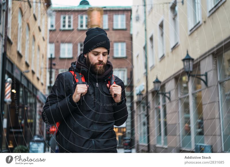 Backpacker in the city Man handsome City Street Walking Beard Sightseeing Youth (Young adults) Town Lifestyle Easygoing Fashion Style Adults Modern Human being