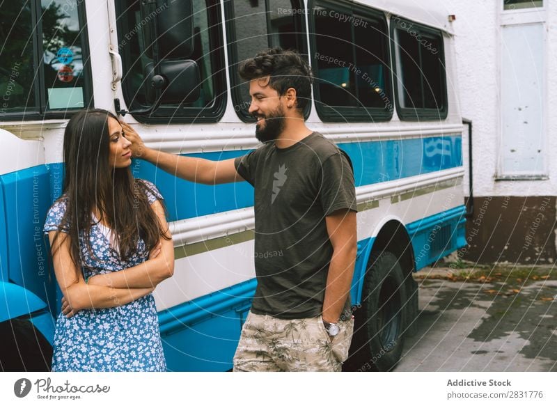 Couple standing at bus Stand Together Bus Vehicle Love Human being Woman Man Happy Portrait photograph Easygoing 2 Youth (Young adults) Relationship