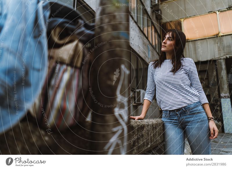 Young tourist woman on street Woman City Tourist Backpack Stand Posture Beautiful Vacation & Travel Street Youth (Young adults) Tourism Town Human being