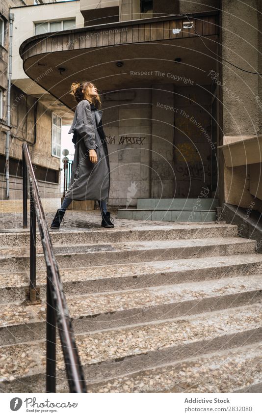 Trendy girl posing on stairs Woman Style Posture Grunge Street Town Stairs Self-confident Relaxation Beauty Photography Hip & trendy City Model Lifestyle outfit