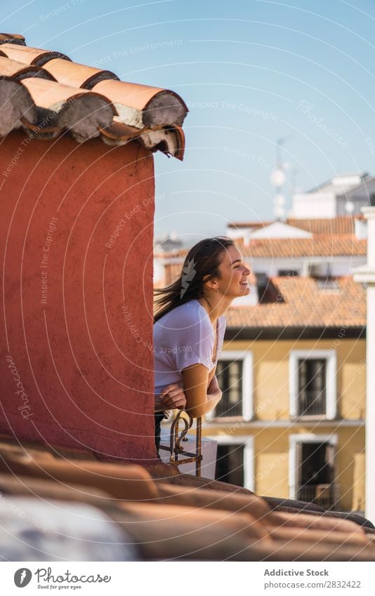 Romantic woman enjoying day on balcony Woman Balcony Morning enjoyment romantic Dream Leisure and hobbies Street Freedom Happiness Summer Skyline Town Terrace