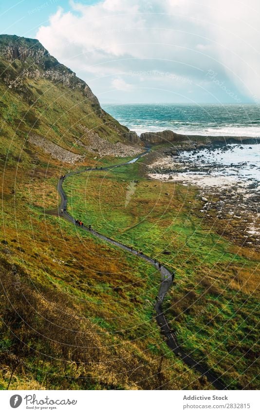 Small road on hill at seaside Coast Rock Street Asphalt Ocean Landscape Beach Nature Water Natural seascape Stone Beautiful Green Grass Northern Ireland