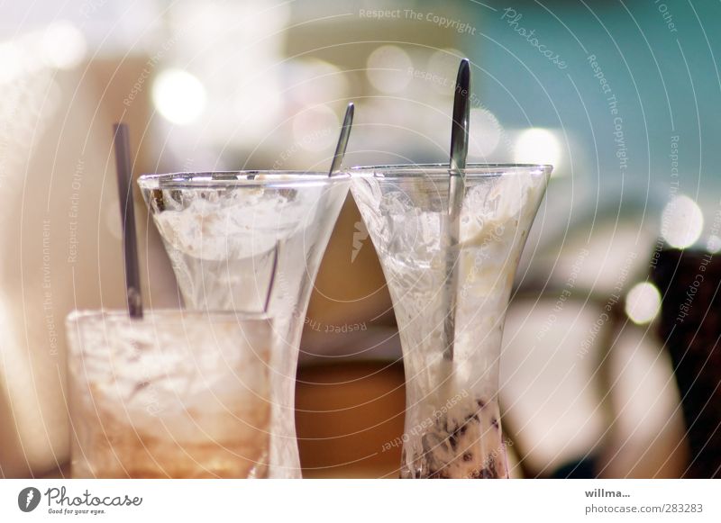 Three emptied Dessert Ice cream Iced coffee Spoon Sundae Glass Restaurant Gastronomy To enjoy Delicious Gluttony Debauchery Empty Eaten Straw Glasses