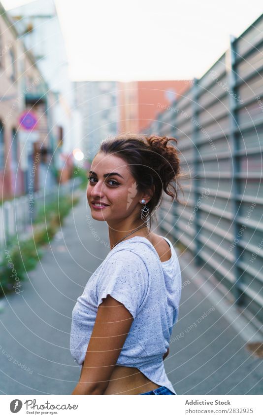 Stylish expressive girl posing at street Woman Style Playful Street Youth (Young adults) Vacation & Travel Town Cheerful Happiness Posture Walking Gesture