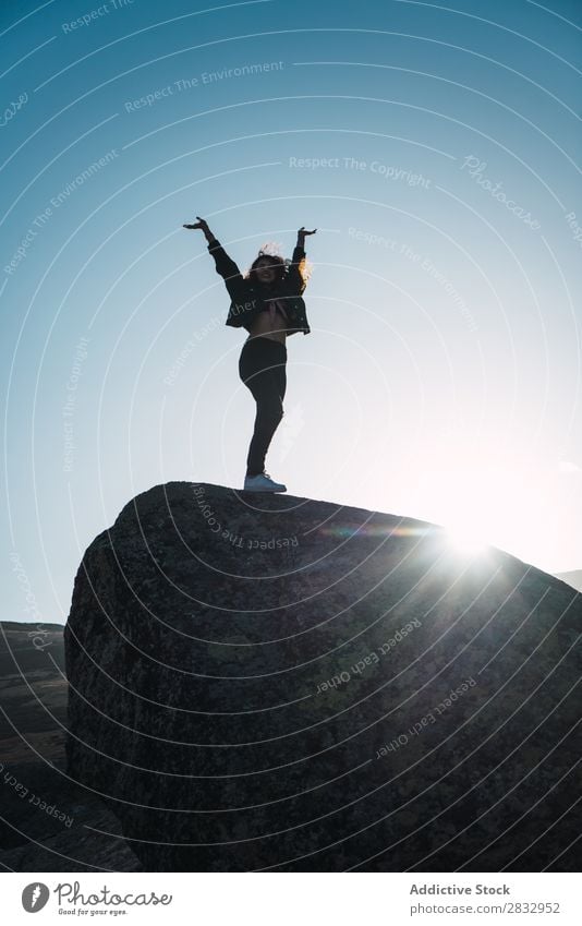 Woman standing on rock Rock Nature Landscape Vantage point Stone Hill Top breathtaking Picturesque Idyll Sunbeam Day Calm tranquil Vacation & Travel Trip