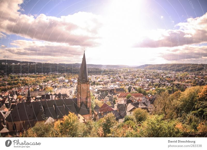 Sunny view Landscape Sky Clouds Spring Summer Autumn Beautiful weather Tree Town Downtown Outskirts Populated House (Residential Structure) Detached house