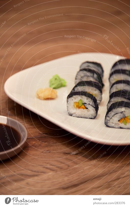 vegan sushi Fish Nutrition Vegetarian diet Diet Finger food Sushi Plate Exotic Delicious Colour photo Interior shot Deserted Copy Space top Neutral Background