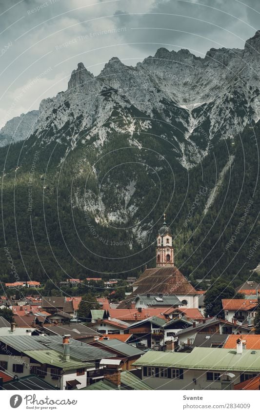 View of mountain village Mittenwald Vacation & Travel Tourism Trip City trip Summer Mountain Hiking Landscape Alps Germany Europe Church Adventure Valley