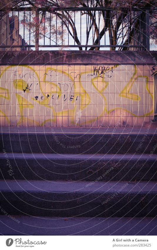 living in bliss Berlin Capital city Outskirts Tunnel Underpass Stairs Facade Gloomy Town Graffiti Retro Subdued colour Exterior shot Deserted Copy Space bottom