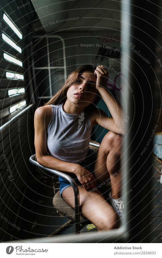 Woman sitting in decayed house Window Building Sit abandoned Old House (Residential Structure) Dirty Broken Town Damage Architecture Graffiti pretty