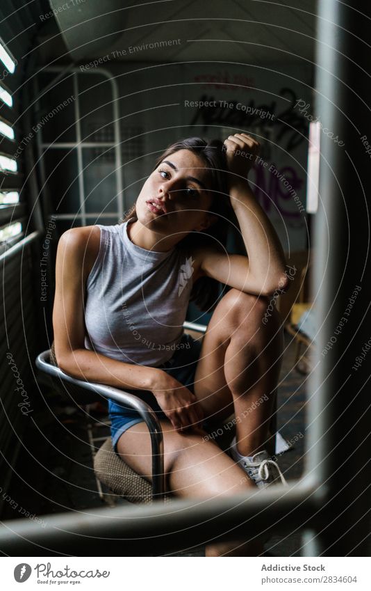 Woman sitting in decayed house Window Building Sit abandoned Old House (Residential Structure) Dirty Broken Town Damage Architecture Graffiti pretty