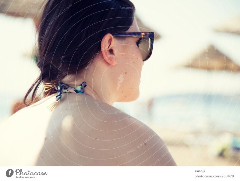 beach I Feminine Young woman Youth (Young adults) Back 1 Human being 18 - 30 years Adults Summer Beautiful weather Warmth Beach Hot Bright Sunglasses