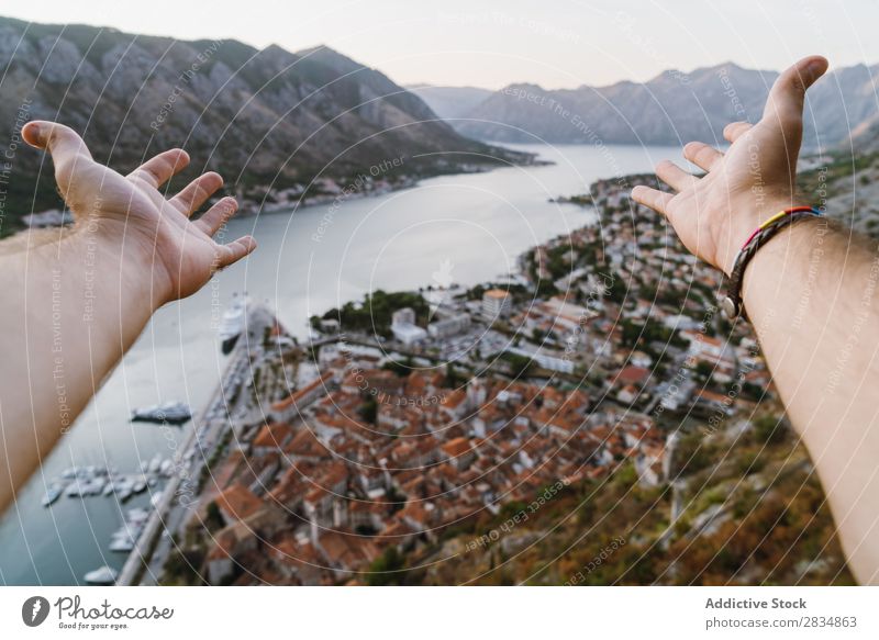 Tourist pulling hands to town Town Mountain River Hand Indicate Human being Village Vantage point pathway Landscape Vacation & Travel Nature Tourism Beautiful