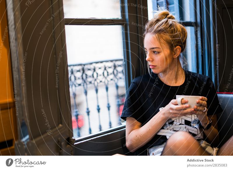 Thoughtful woman with cup looking at window Youth (Young adults) Woman Mug Cup Drinking Hold Window Beautiful Beauty Photography Portrait photograph Human being