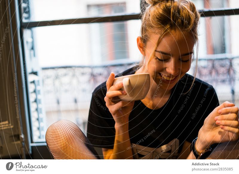 Smiling woman holding hot mug Lady Youth (Young adults) Cup Mug Drinking Woman Beautiful Beauty Photography Portrait photograph Human being Copy Space Caucasian