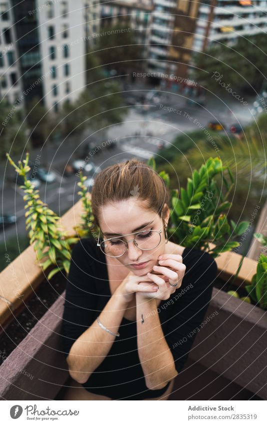 Young pensive model on terrace Woman Posture Terrace Cheerful Self-confident To enjoy Relaxation Leisure and hobbies Freedom Summer Fresh Action Calm