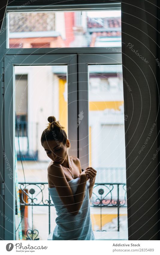 Woman in towel at window pretty Home Youth (Young adults) Towel Window Stand To enjoy Posture Portrait photograph Beautiful Lifestyle Beauty Photography