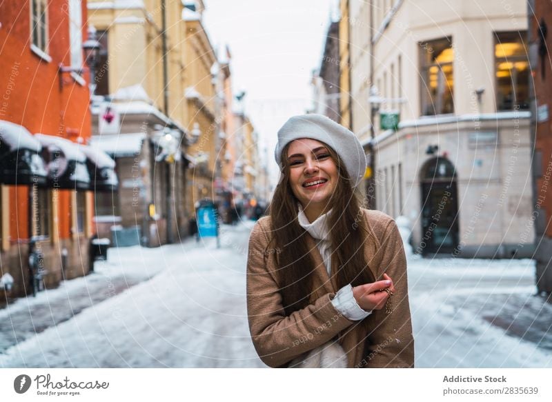 Attractive woman on snowy street Woman Style fashionable Youth (Young adults) Looking into the camera Street pretty Snow Winter Cold Coat Cool (slang) Fashion