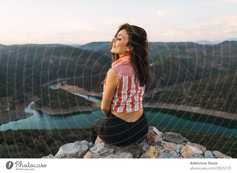 Stylish woman on picturesque landscape Woman Panorama (Format) Posture Destination Landscape Freedom Adventure Tourism traveler Leisure and hobbies Beautiful