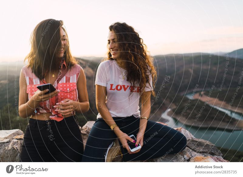 Stylish women taking selfie on breathtaking landscape Woman Selfie Nature Mountain Point in time Cheerful Panorama (Format) Summer PDA Wanderlust having fun