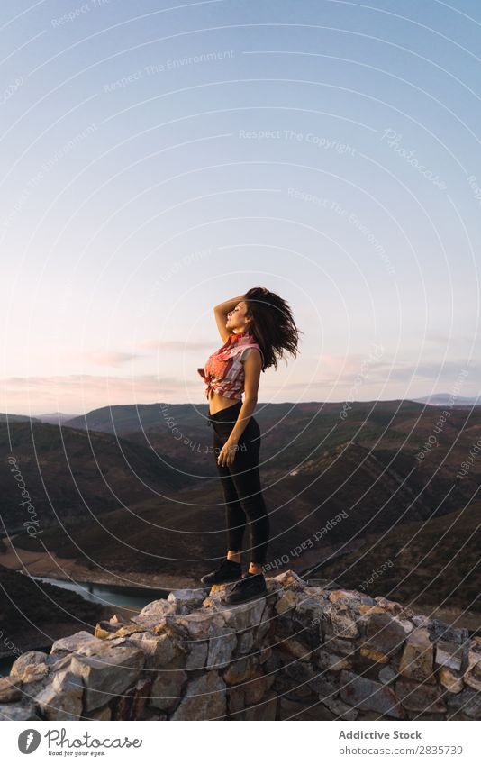 Stylish traveler standing on viewpoint terrace Woman Style Vacation & Travel Dream Considerate exploration Modern Relaxation Nature Portrait photograph