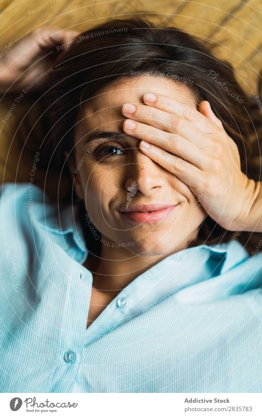 Smiling woman lying on floor Woman Story Beautiful Youth (Young adults) Happy Attractive Easygoing pretty Human being Portrait photograph Cheerful Home Cute