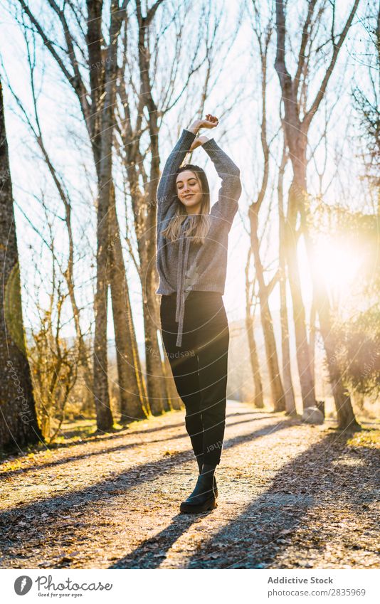 Content woman standing on autumnal alley Woman Autumn Alley Sunlight romantic Park Leisure and hobbies Tree Rural Posture Hands up! Cheerful Style Stand