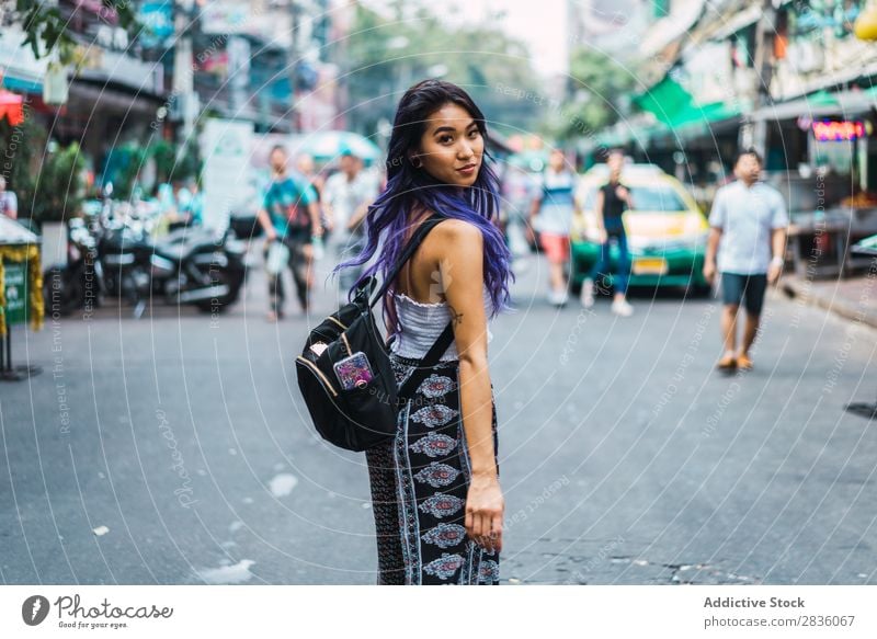 Woman with purple hair on street pretty Street Youth (Young adults) Beautiful Dream Portrait photograph Hair Purple asian eastern Fashion Attractive City