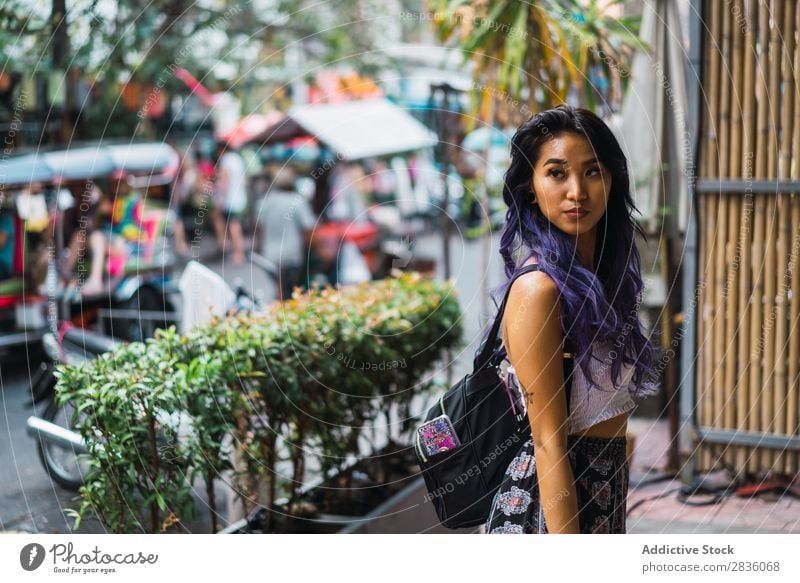 Woman with purple hair on street pretty Street Youth (Young adults) Beautiful Dream Portrait photograph Hair Purple asian eastern Fashion Attractive City