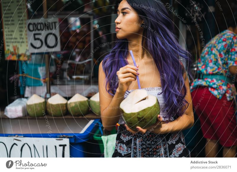 Asian woman drinking from coconut Woman pretty Street Youth (Young adults) Beautiful Portrait photograph Coconut Drinking Straw Hair Purple asian eastern