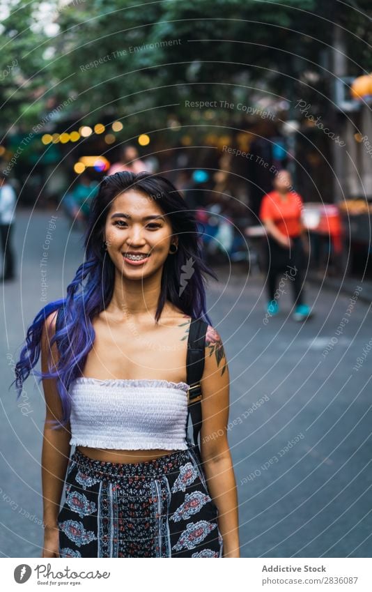 Woman with purple hair on street pretty Street Youth (Young adults) Beautiful Dream Portrait photograph Hair Purple asian eastern Fashion Attractive City