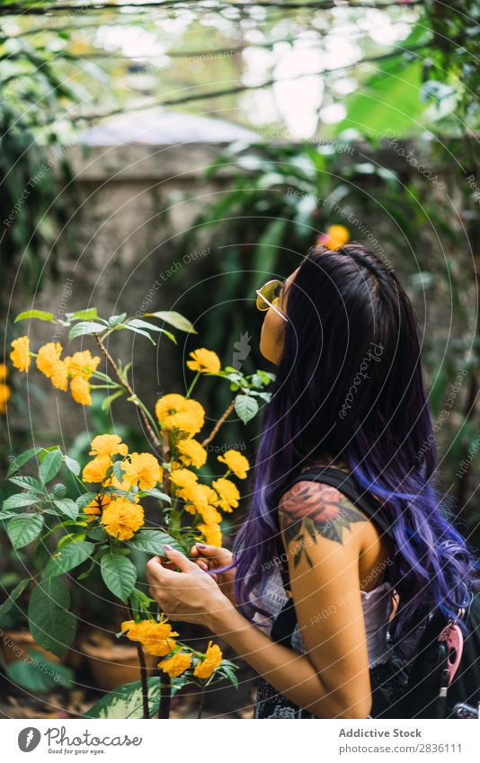 Woman touching yellow flower pretty Youth (Young adults) Beautiful Portrait photograph Park Flower Yellow Hair Purple Fashion Attractive City Human being