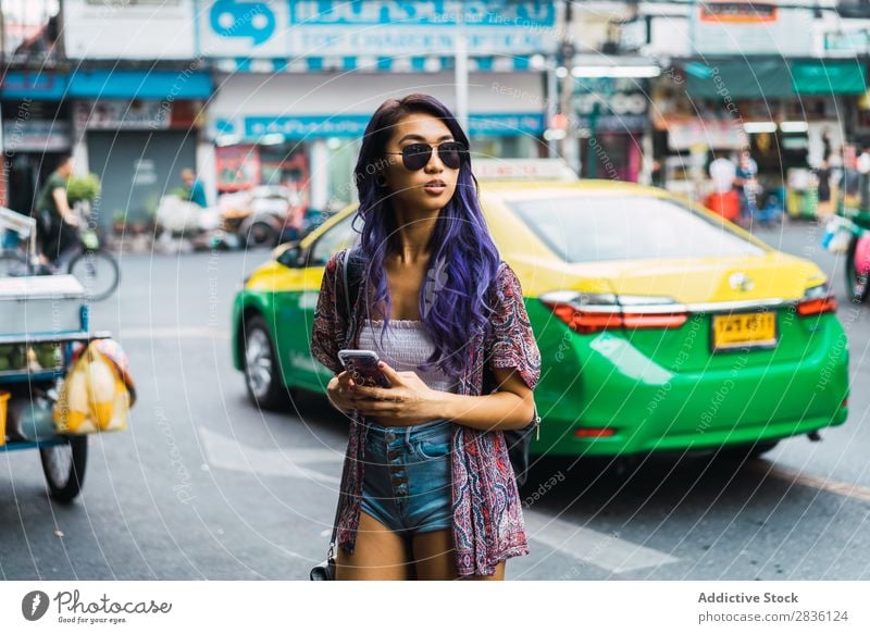 Pretty Asian woman on street Woman pretty Street Youth (Young adults) Beautiful Portrait photograph Hair Purple asian Sunglasses eastern Fashion Attractive City