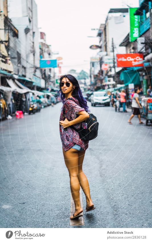 Pretty Asian woman on street Woman pretty Street Youth (Young adults) Beautiful Portrait photograph Hair Purple asian Sunglasses eastern Fashion Attractive City