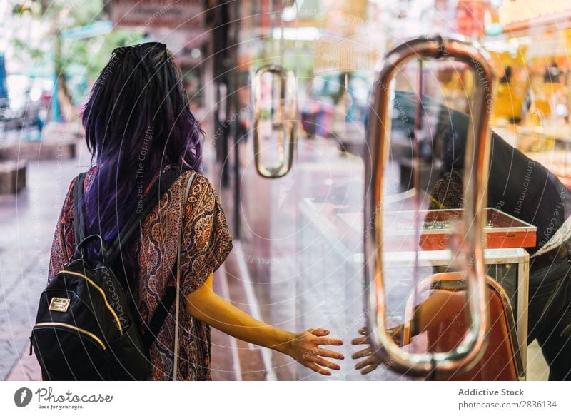 Woman touching case on street pretty Street Youth (Young adults) Beautiful Portrait photograph Hair Touch To fall Glass Purple Fashion Attractive City