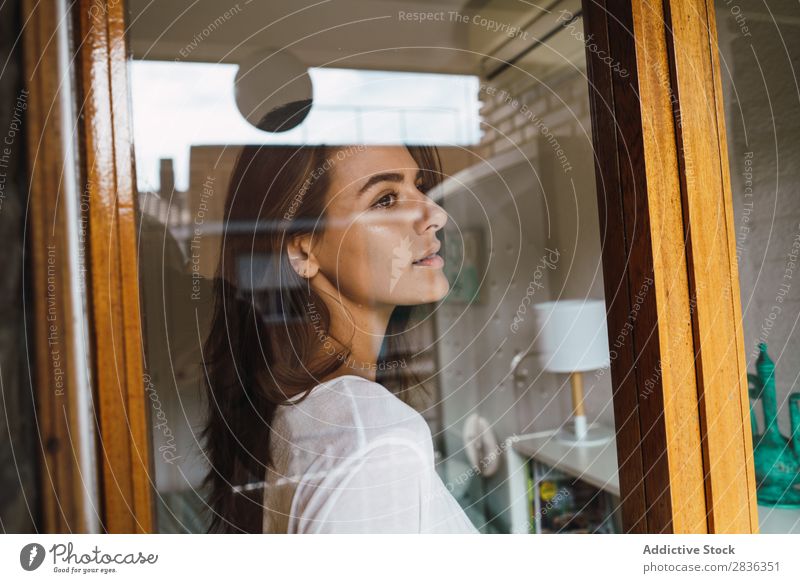 Woman with mug near window Mug Coffee Morning Human being Youth (Young adults) Drinking Relaxation Breakfast Resting Tea Beverage Comfortable Cozy Warmth