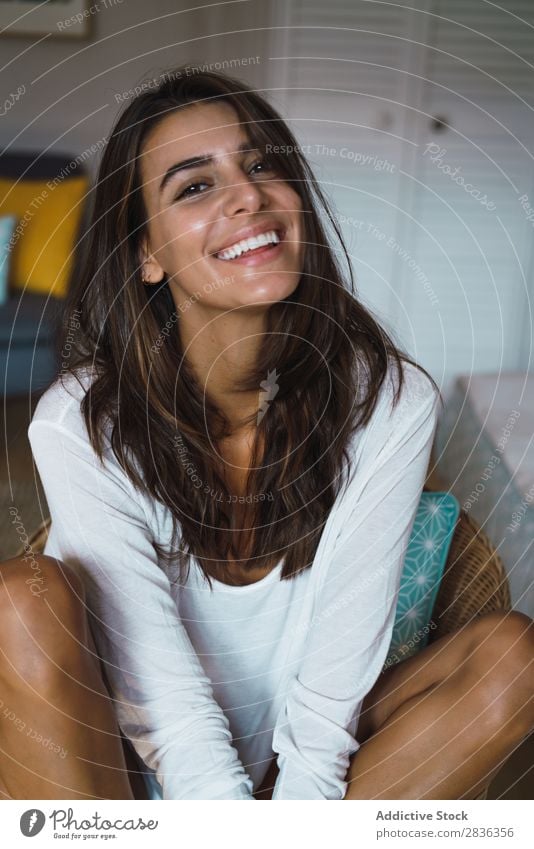 Happy woman on braided chair Woman Cheerful Beautiful Youth (Young adults) Human being Portrait photograph pretty Attractive Easygoing Cute Positive Joy Smiling