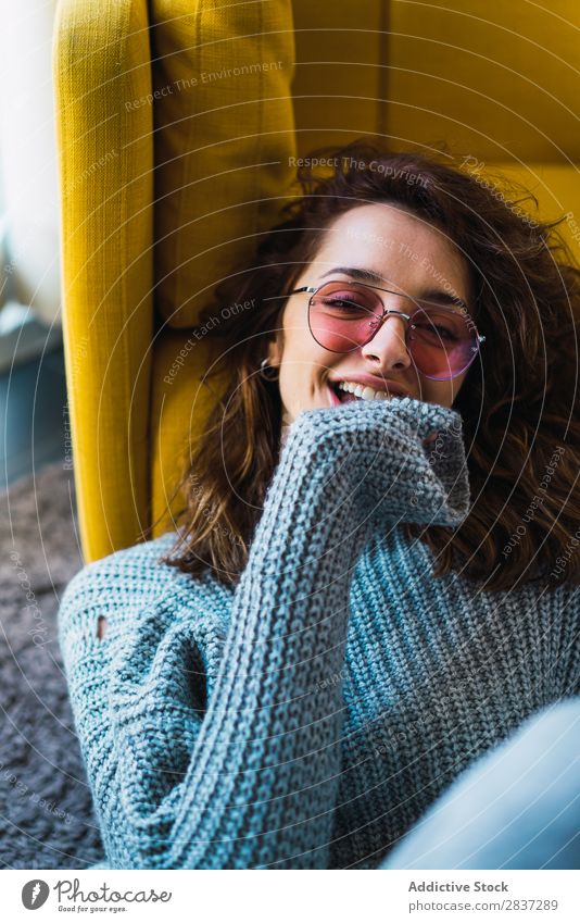 Woman sitting and relaxing on floor Home pretty Armchair Sit Relaxation Youth (Young adults) Posture Portrait photograph Beautiful Lifestyle Beauty Photography